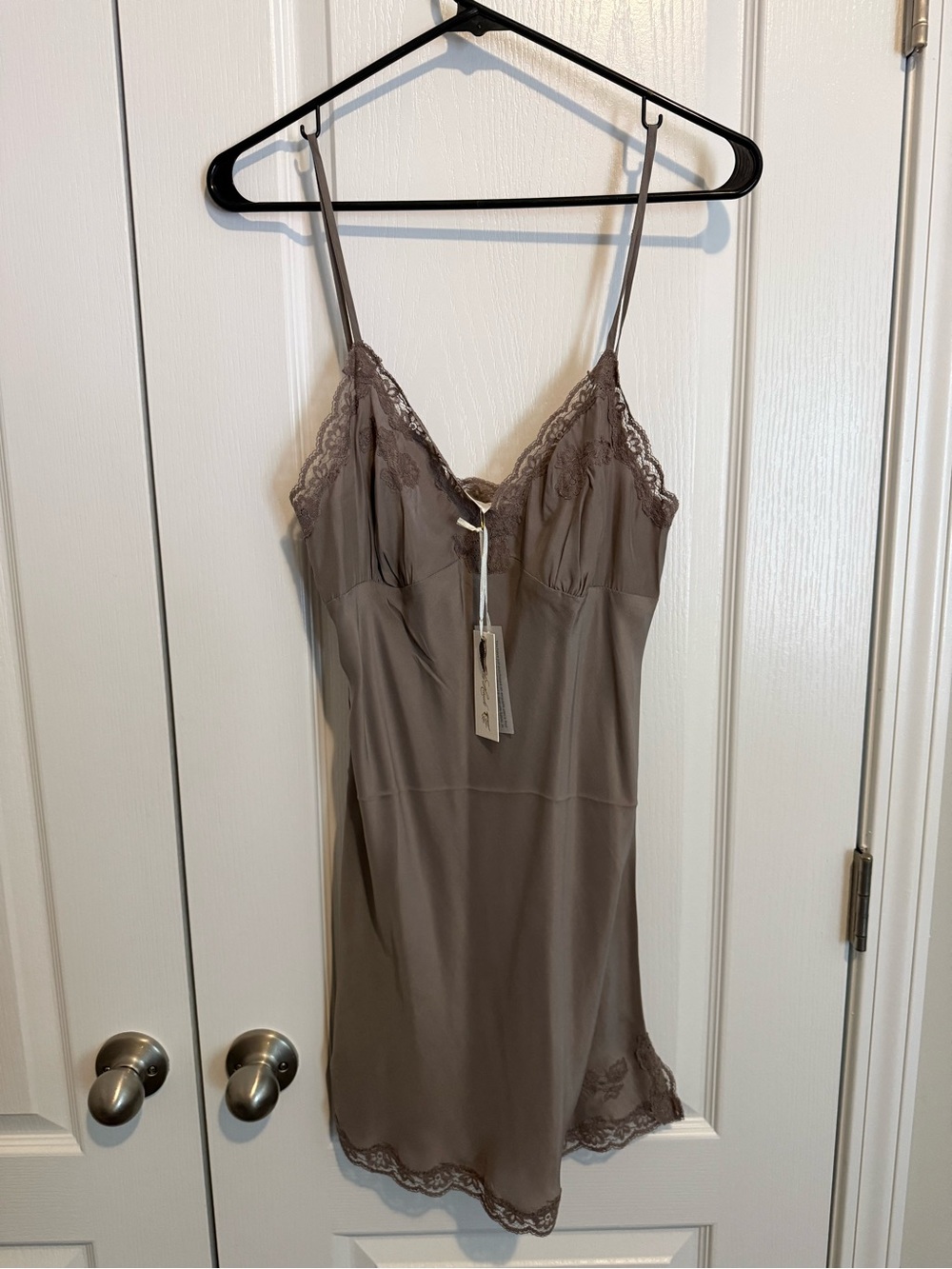 Lace-Trim Slip Chemise in Taupe - Nightgown 100% silk